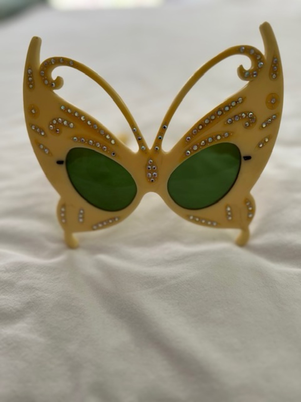 Yellow Butterfly Rhinestone Sunglasses with Green Lenses